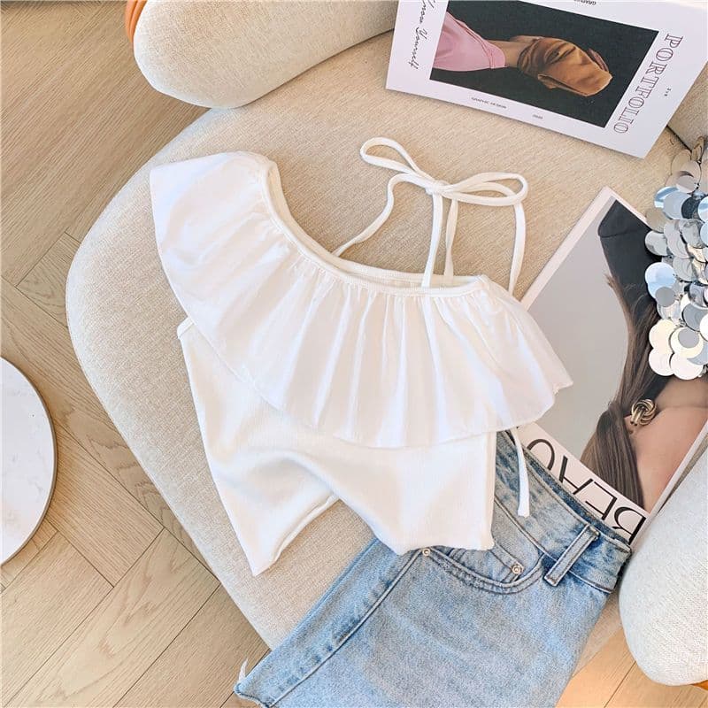 Vest women's summer sweet hottie short navel-baring French ruffle slanted shoulder straps tube top chic sleeveless top