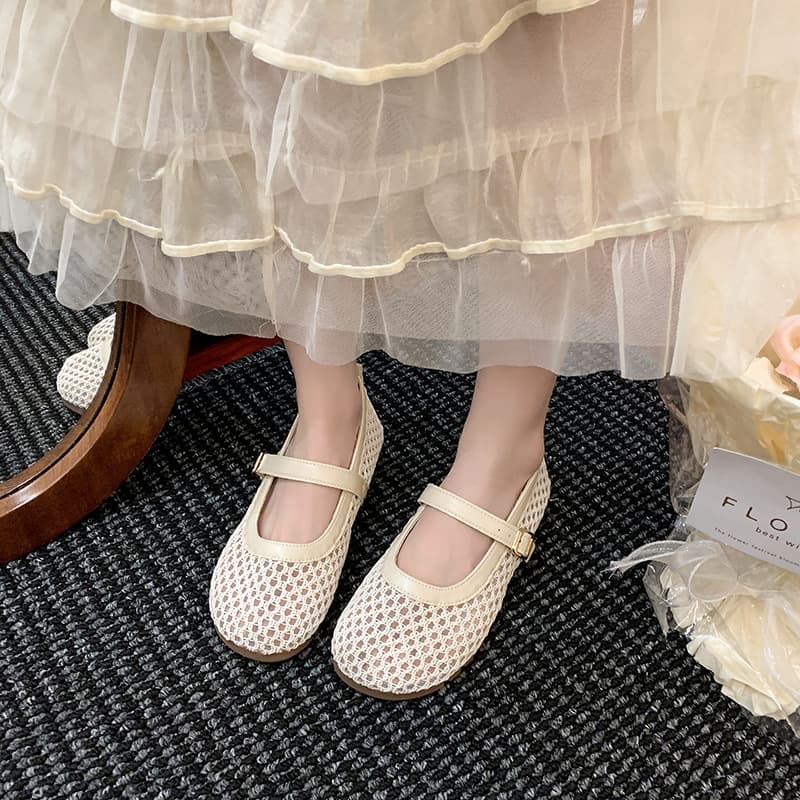 French Hollow Mesh Fishnet Shoes for Women 2026 Spring New Korean Style Versatile Simple Woven Mary Jane Shoes