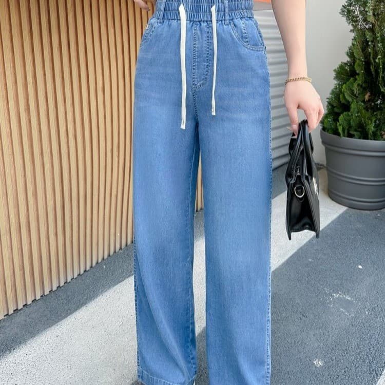 2025 Summer New Lyocell Tencel Long Pants Women's Elastic Straight Thin Jeans Elastic Waist Narrow Wide Leg Pants