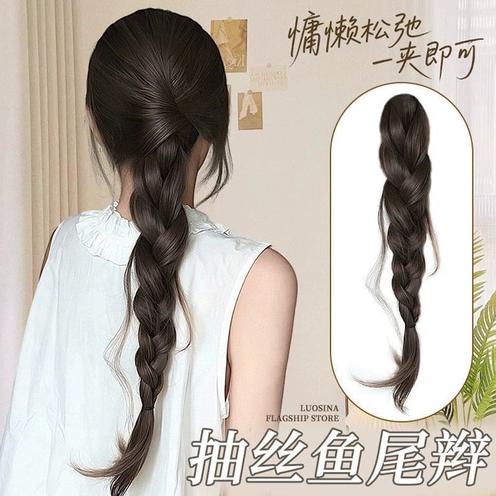 Faux Braid Pull-Through Fishtail Low Bun Lazy Elegant Invisible Claw Clip Braid Tassel Long Braid Ponytail