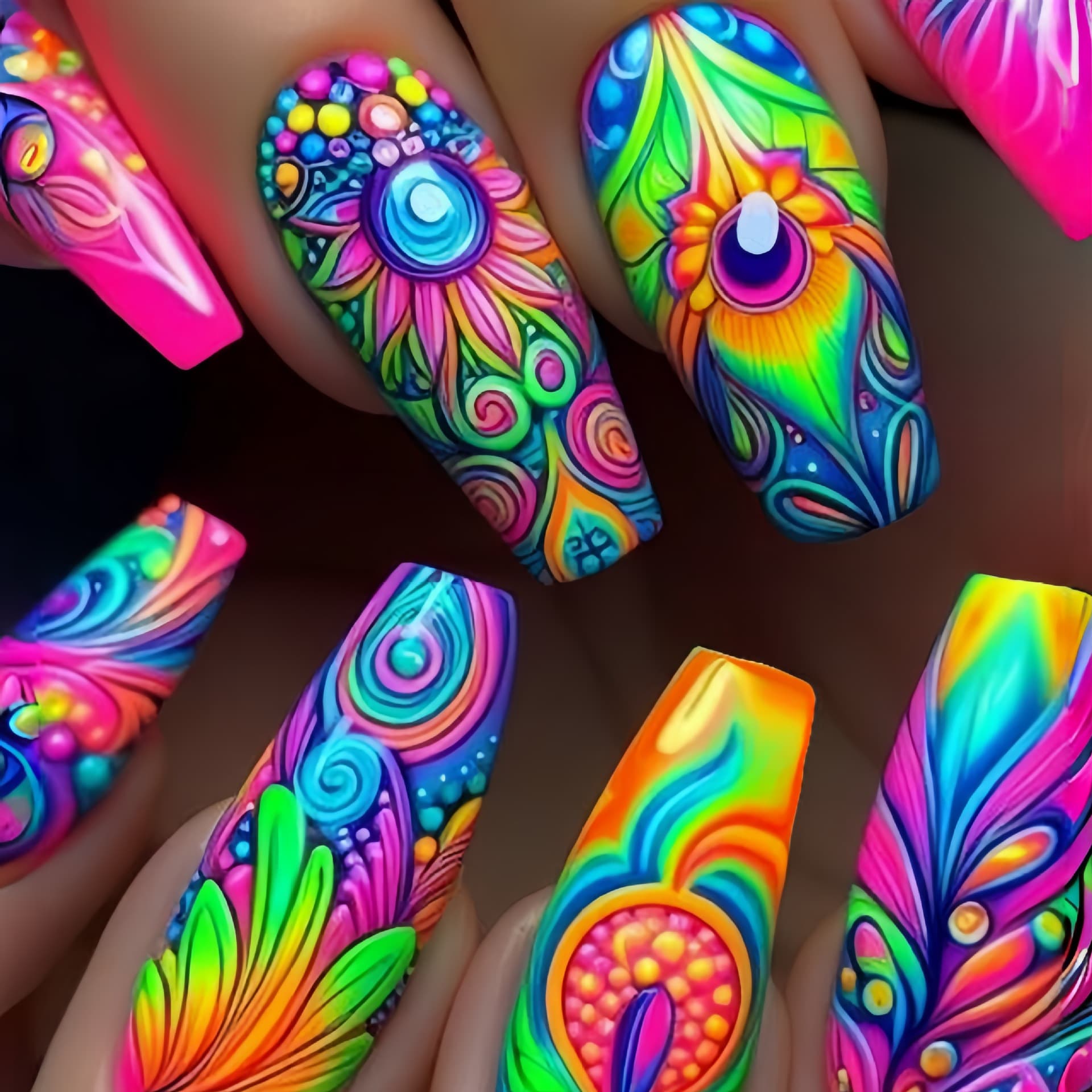 Long manicure patches, colorful manicure peacock feather pattern fake nail patches, removable 24-piece manicure