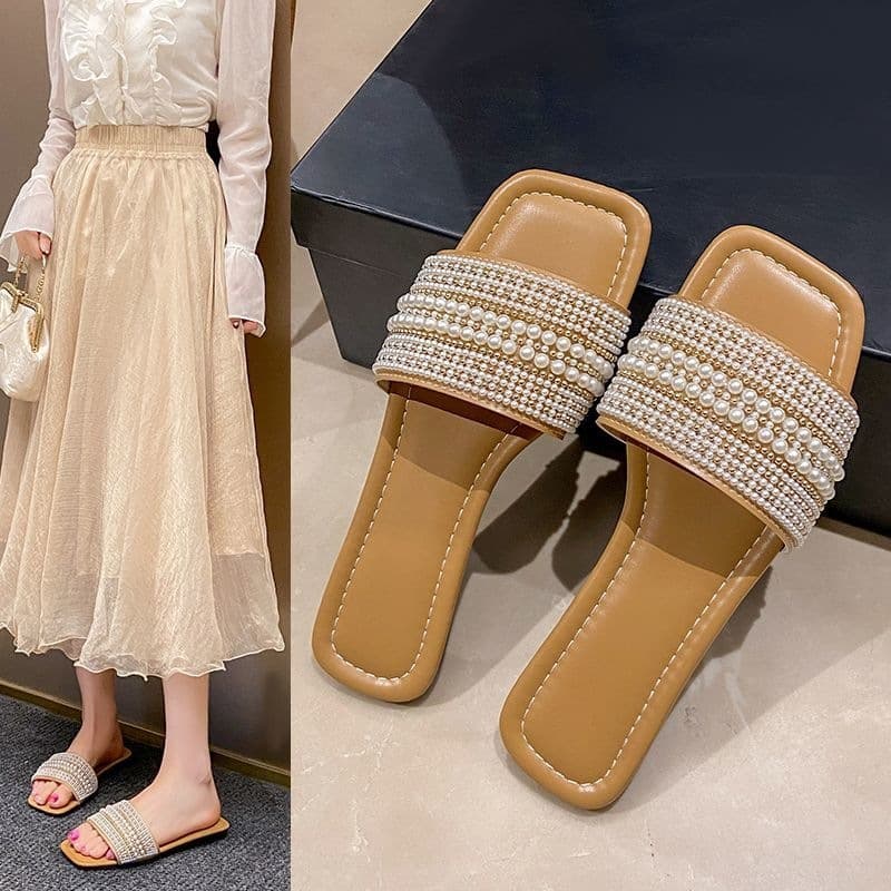 Summer New Pearl Flat Large Size Sandals Women's Square Toe Casual Fashion Slippers Rhinestone Apricot