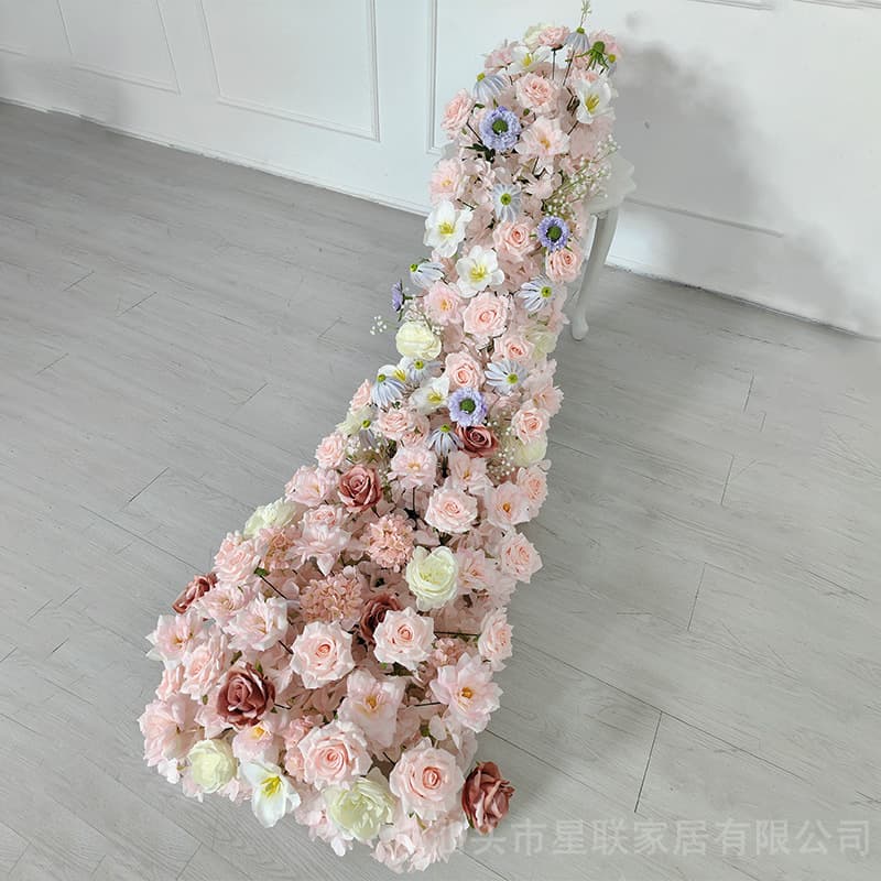 Light Pink Waterfall Simulation Flower Row Hotel Dining Table Long Table Flower Decoration Wedding Arch Artificial Flower Handmade Flower Row