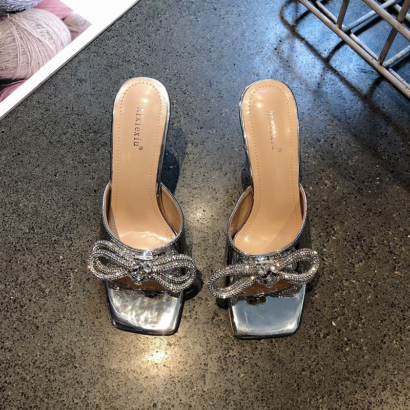Women's High Heel Sandals and Slippers 2024 Summer New Large Size Thin Heel Open-Toe One-Band Slippers Fashion Square Toe Rhinestone Slippers