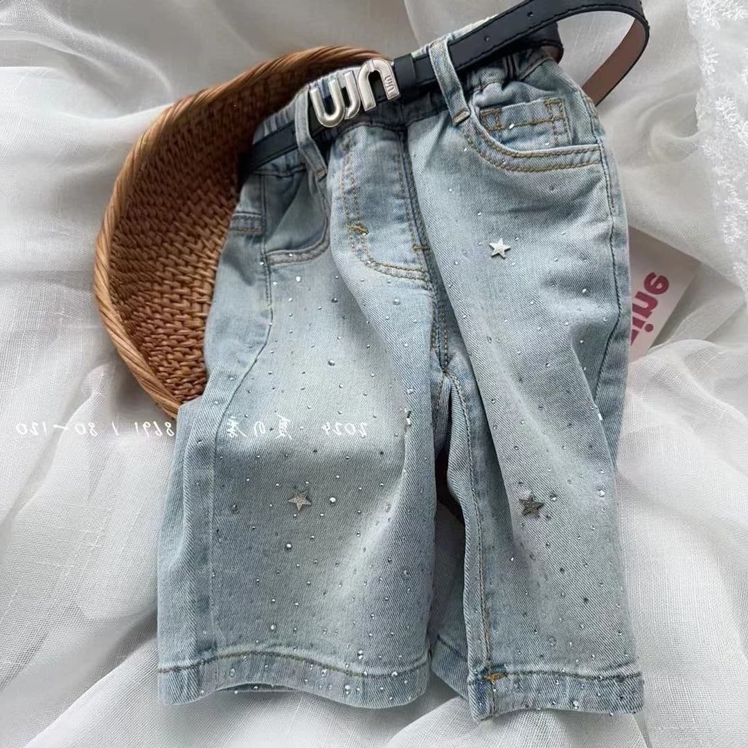 Korean Style Trendy 2026 Straight-Leg Pants Girls Toddler Denim Capri Pants Cropped Pants Rhinestone Casual Girls Baby Summer