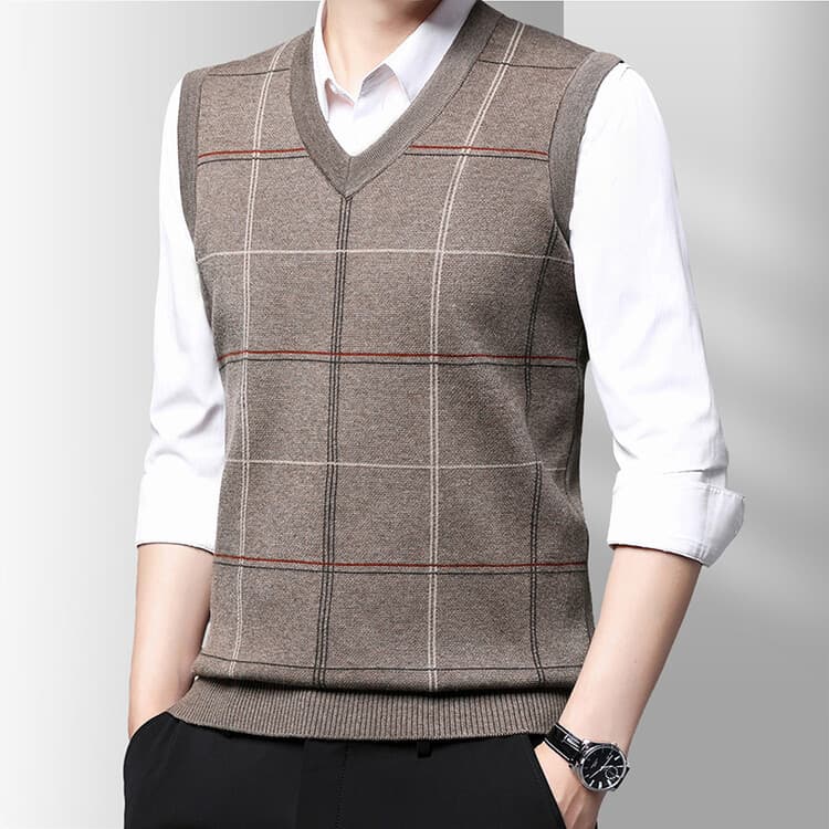 New Knitted Vest Men V-Neck WOLDLET Business Plaid Jacquard Sleeveless Top Business Middle-Aged Wool Vest