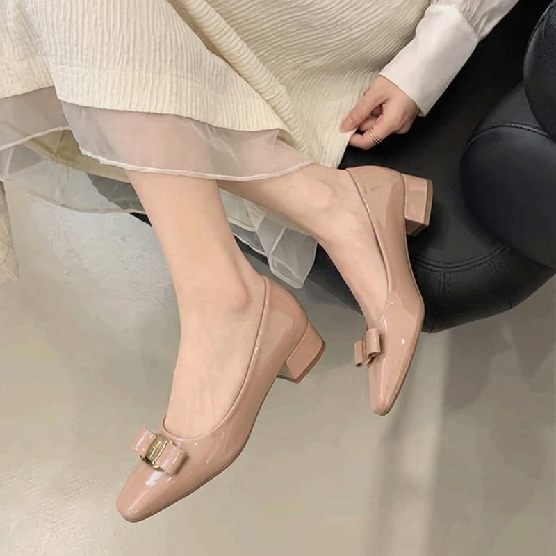 Chunky Heel Square Toe Large Size High Heels 4142 Air Cotton Shallow Bowknot Patent Leather Mid-Heel Work Commuter Shoes for Women