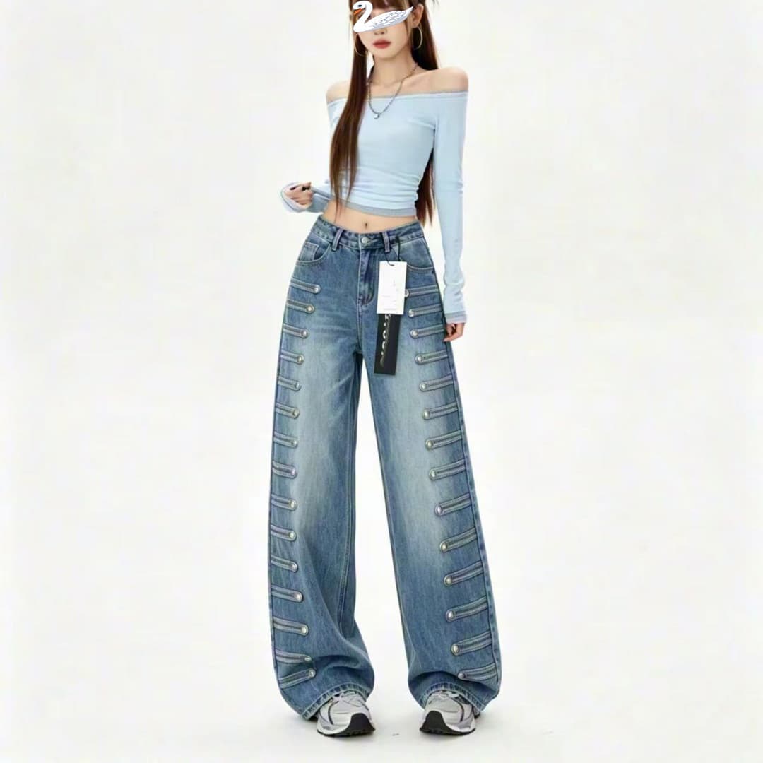 American Retro Double-Side Multi-Row Metal Button Wide-Leg Jeans for Women