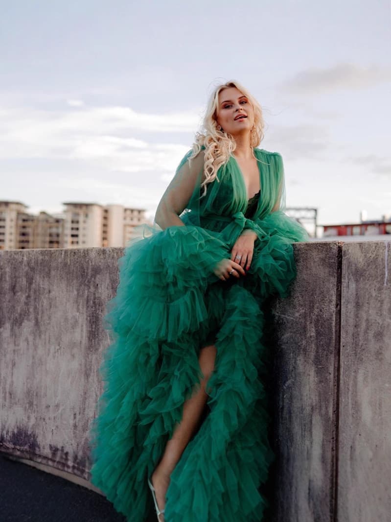 [Molia] Green dressing gown mesh dress ladies wedding dress long dress for photo taking