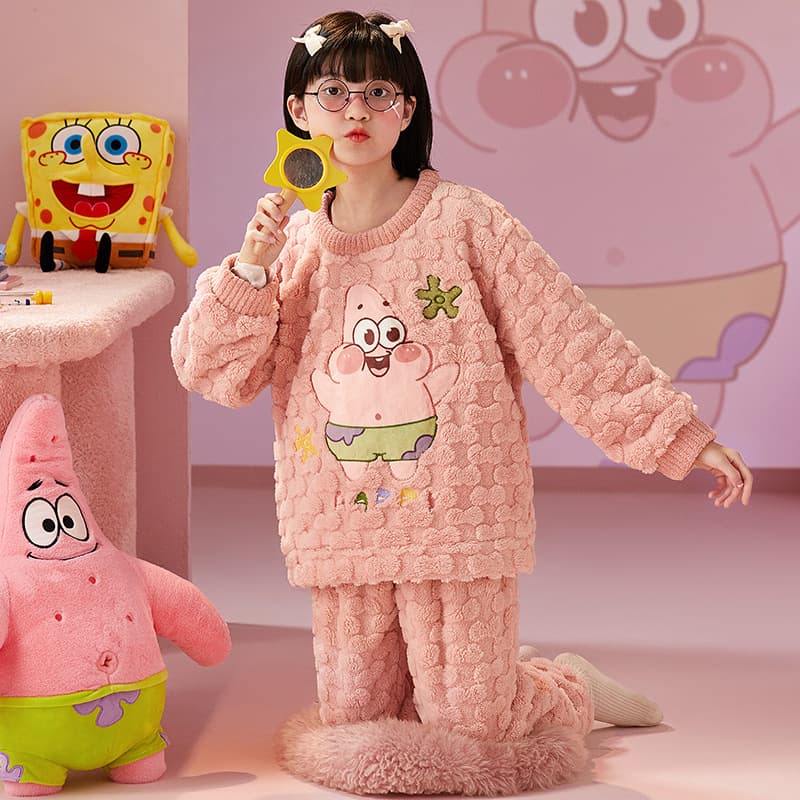Children's Pajamas Autumn Winter Coral Fleece Girls Cartoon Patrick Star Medium Large Kids Warm Homewear Thickened Fleece Set
