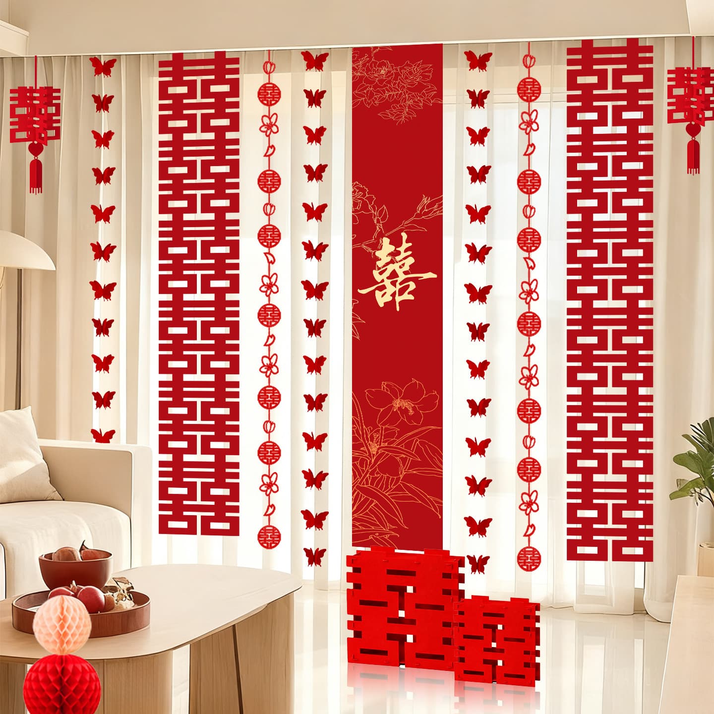 Wholesale Long Strip Double Happiness Wedding Room Decoration Set Living Room Bedroom Wedding Background Chinese Trendy 3D Long Strip Butterfly String