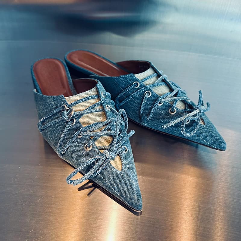 Niche Denim Blue Sandals for Women, Pointed Toe, Lace-Up, Bow-Knot, Closed-Toe, Flat Shoes (Tax Not Included)