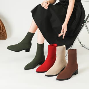 Pointed Toe Ankle Boots Women Chunky Heel European and American Style Knitted Sock Boots Short Boots High Heel Elastic Milk Tea Color Slim Boots