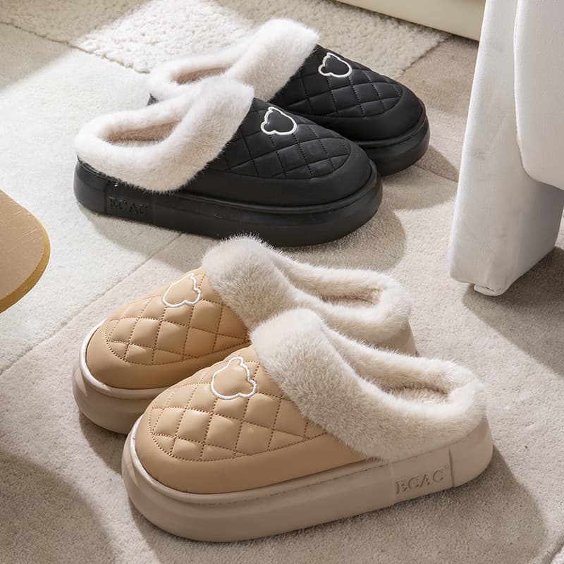 Women's PU leather waterproof cotton slippers, winter 2024 new style, thickened, fleece-lined, warm, non-slip, poop-walking feel; men's autumn slippers.