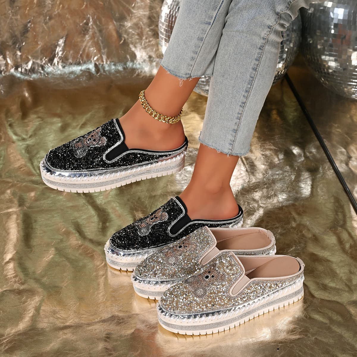 Cross-border Spring/Autumn Casual Sequins Round Toe Rhinestone Slippers for Women, Flat One-Step Lazy Half Slippers Wholesale