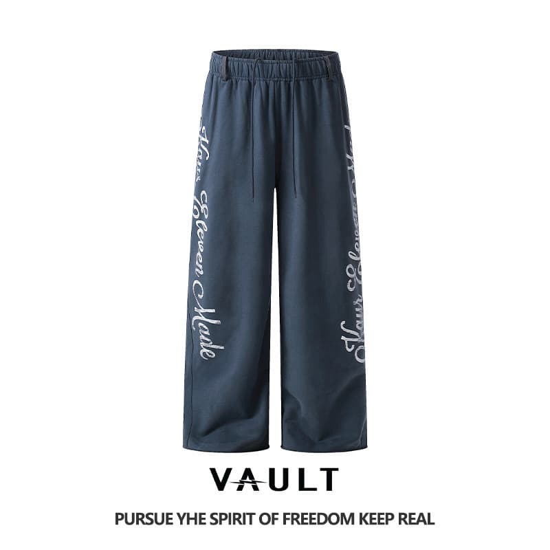 VAULT American retro distressed printed casual trousers for men and women, niche personality, versatile elastic waist loose trousers