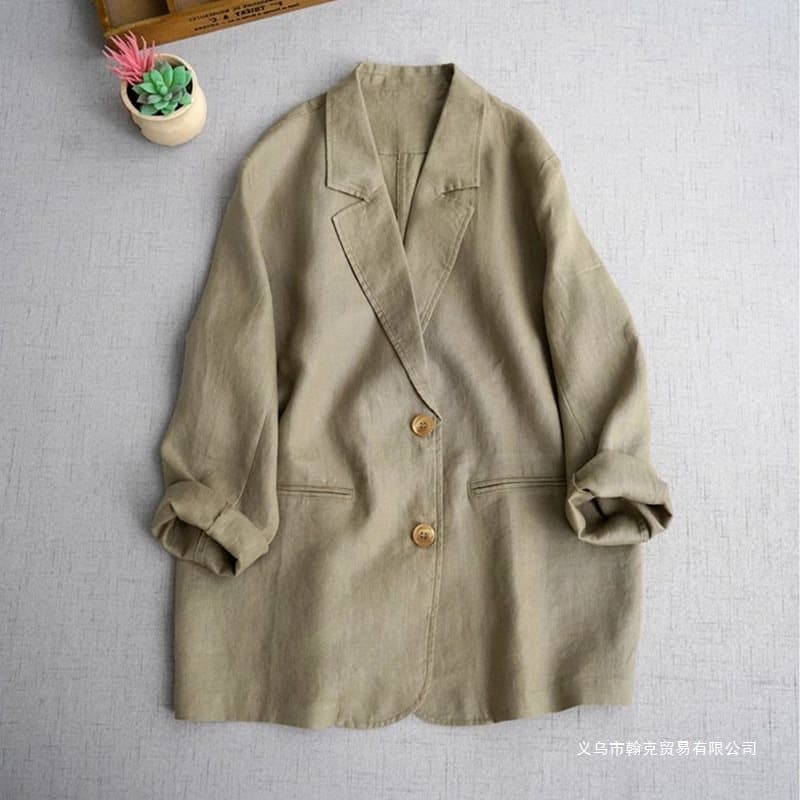 Italian minimalist cotton and linen long-sleeved suit jacket for women, fashionable and youthful casual suit top for spring and autumn.