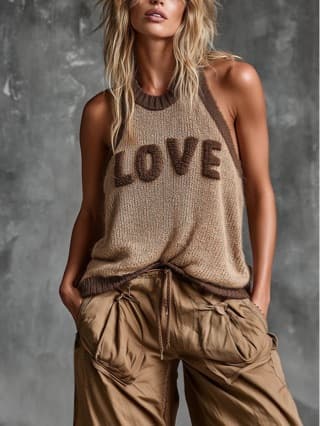 Cross-Border Trade Spring Summer New Women's Clothing European American Loose Round Neck Letter Print Women's Vest Sweater
