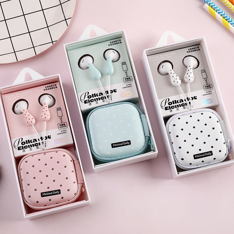 Xiaoyuanman Factory Wholesale Mr. Ear Student Cartoon Earphones with Storage Case Japanese Korean Polka Dot T-Plug Earphones