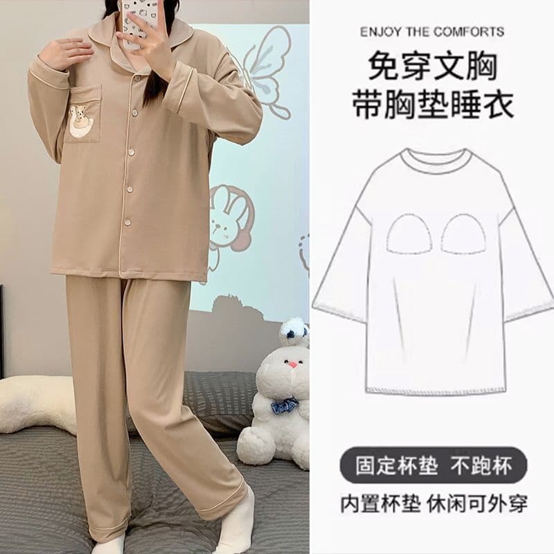 New autumn/winter maternity wear with breast pads, warm and loose-fitting fleece nursing suit set.