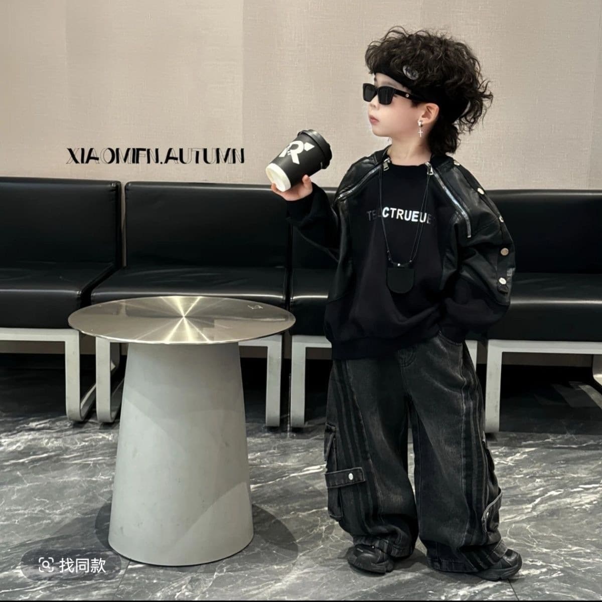 Kids 2026 Autumn Pullover Solid Color Letter Korean Style Single-Breasted Color-Block Hoodie Autumn Winter Boys Leather Jacket Two-Piece Set