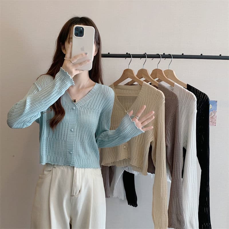 Women's Thin Cardigan Summer Cross-Border New Long-Sleeve V-Neck Top Designed Sun-Protection Short Knit Jacket