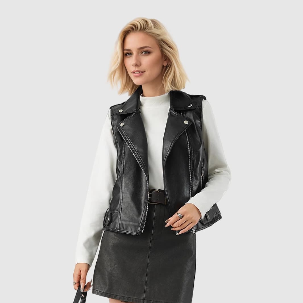 Cross-border Short Women's Leather Vest with Lapel Collar, Fashionable Autumn New Style, European and American Design, In Stock for Immediate Delivery, Custom Pattern Making