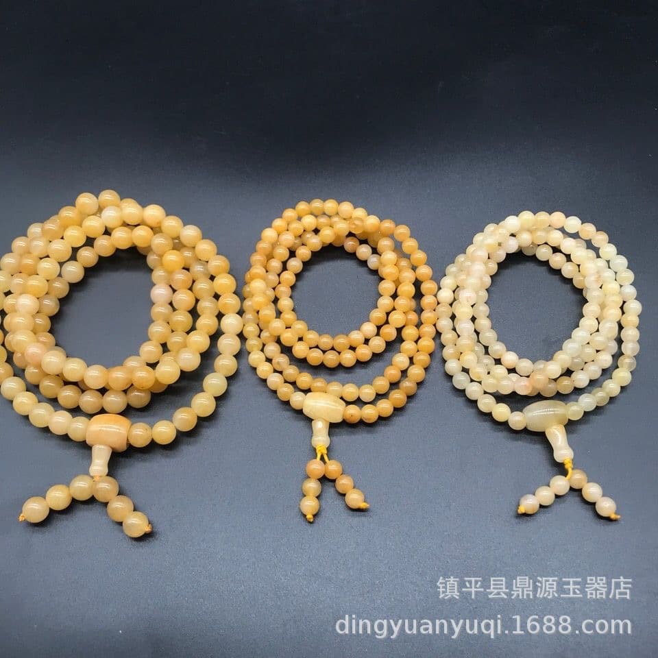 Xinjiang Natural Gobi Gold Silk Jade Bracelet, Unisex 108-Bead Buddhist Prayer Beads Multi-Round Yellow and Colorful Jade Bracelet Live Stream