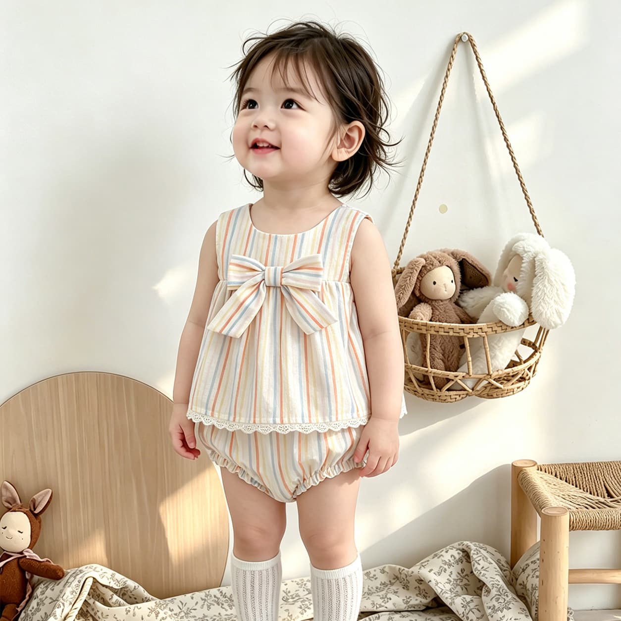 New girls summer suit baby girl sweet and fashionable striped suspender top + hip pants two-piece set