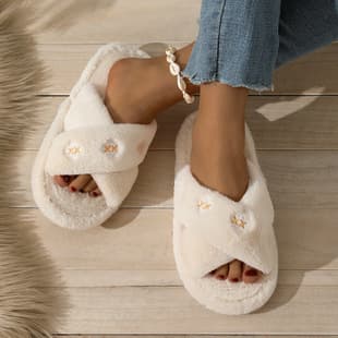 Cross-border foreign trade autumn and winter embroidered furry slippers, fashionable new women's home floor slippers, high-value ins cotton slippers