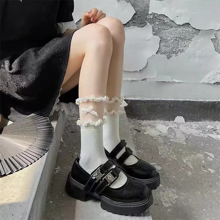 Japanese Sweet Lolita Socks for Women Spring Summer Lace Trim Mid-Calf Socks White JK Socks Bow Princess Socks