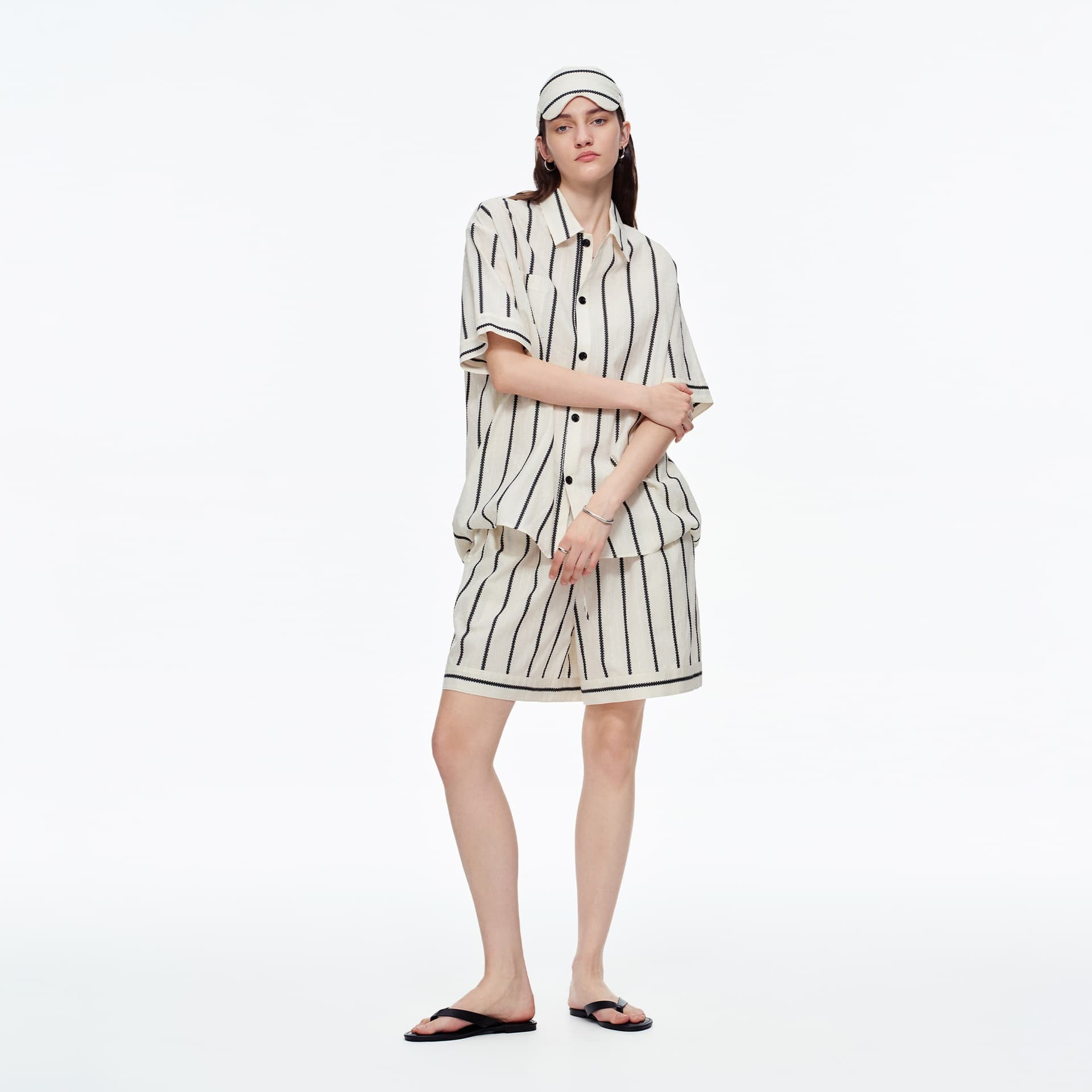 Striped Shirt Pajamas for Women, Versatile 100% Pure Cotton Short-Sleeve Shorts Set, Loose and Fashionable Women's Loungewear