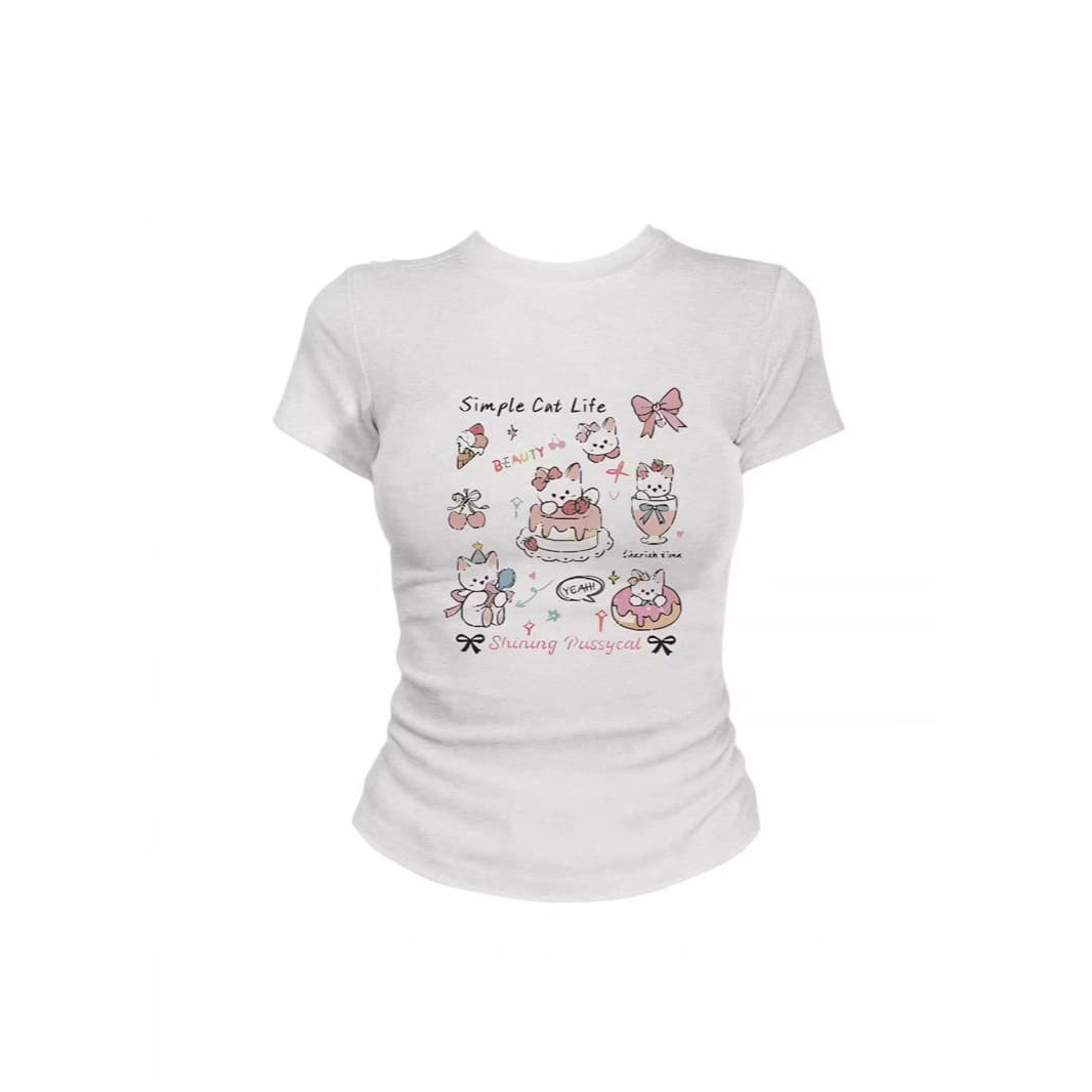 American-style regular fit cute cat print short sleeve T-shirt for women, new summer style, versatile and casual women's short sleeve top