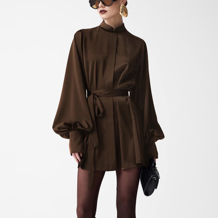 French High-End Satin Short Dress Women's 2025 Autum New Small Stand-Up Collar Long-Sleeved Lace-Up A-Line Skirt