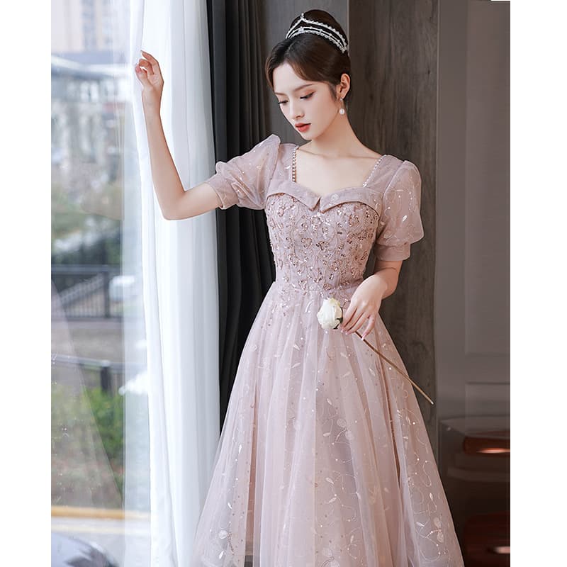 Elegant Evening Dress for Women 2025 New Autumn and Winter Petite Graduation Dress Pink Square Neck Casual Dress