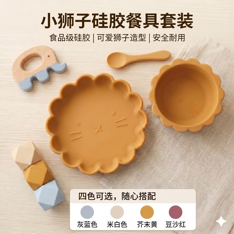 Silicone Baby Tableware Set Food-Grade Heat-Resistant Plate Feeding Bowl Cute Lion Cartoon Unbreakable Bowl for Cross-Border Sales