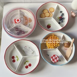 Ins Divided Plate Home Ceramic Deep with Lid Weight Loss Portion Control Bowl Segmented Plate Fruit Plate Bento Box