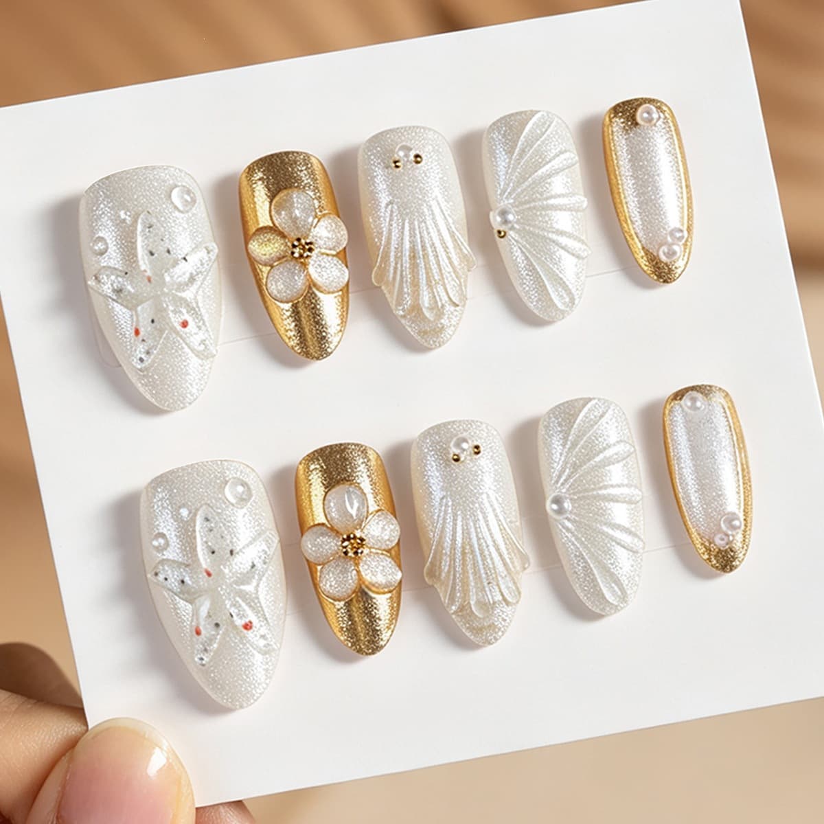 Wearable Nails Medium-Length Almond Detachable Nail Art Nails Three-dimensional Shell Nail Art Wearable Nail Art Nails Cross-Border Wholesale