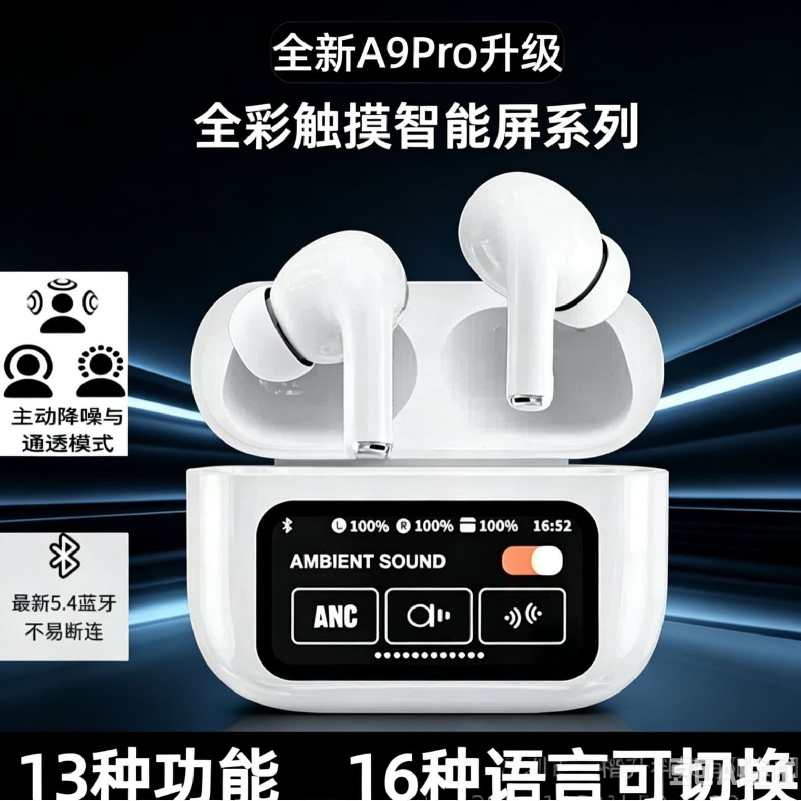 2026 Wireless Bluetooth Earbuds Huaqiangbei In-Ear Smart Color Touch Screen A9Pro Noise Cancelling Earbuds Long Battery Life