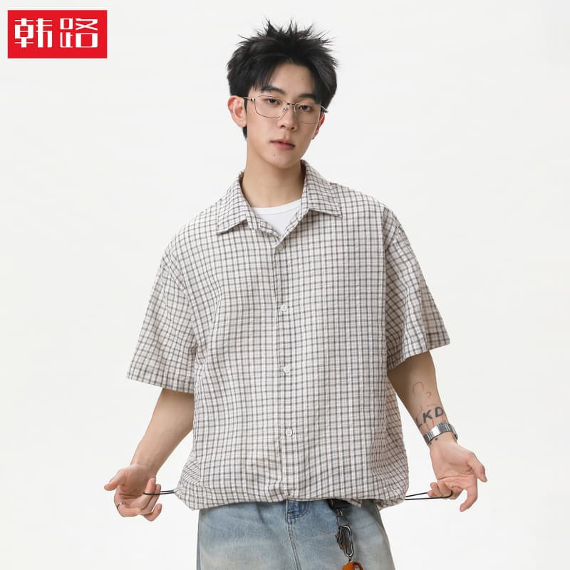 Contrast Color Plaid Boxy Short-Sleeved Shirt for Men, New Summer Style, Adjustable Hem, Loose Casual Small Plaid Shirt Jacket