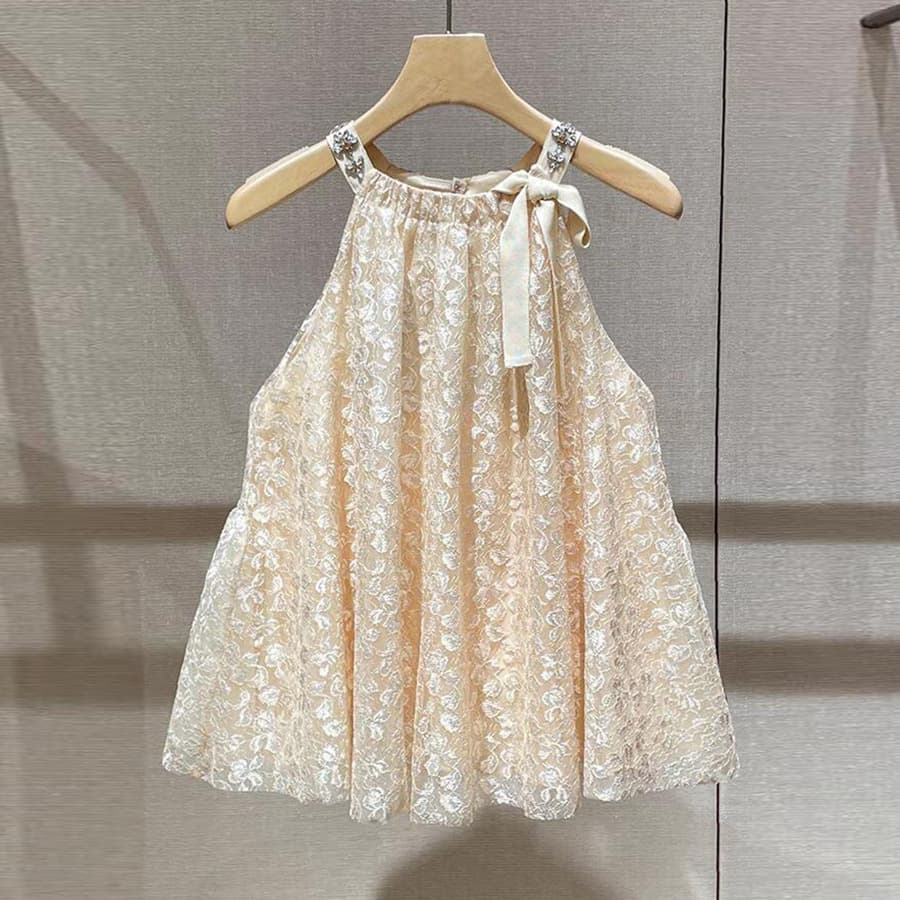 Pure and sweet halterneck baby doll shirt with beaded bow loose sleeveless suspender design top for women spring and summer new style