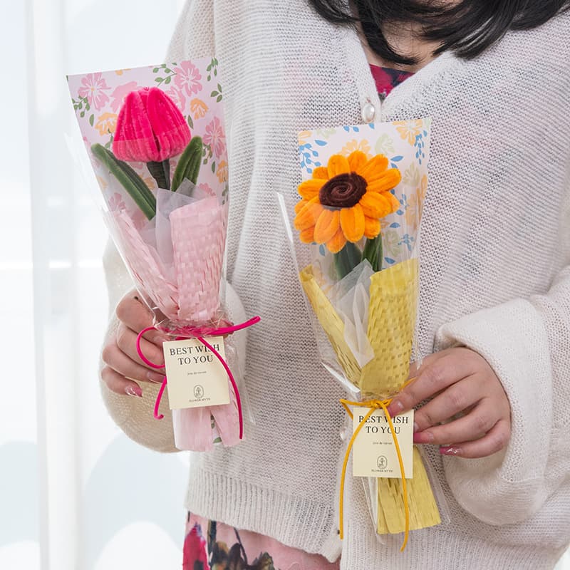 Graduation Season Gift Chenille Stem Tulip Finished Bouquet, Chenille Stem Sunflower Burst Bouquet Knitted Flower