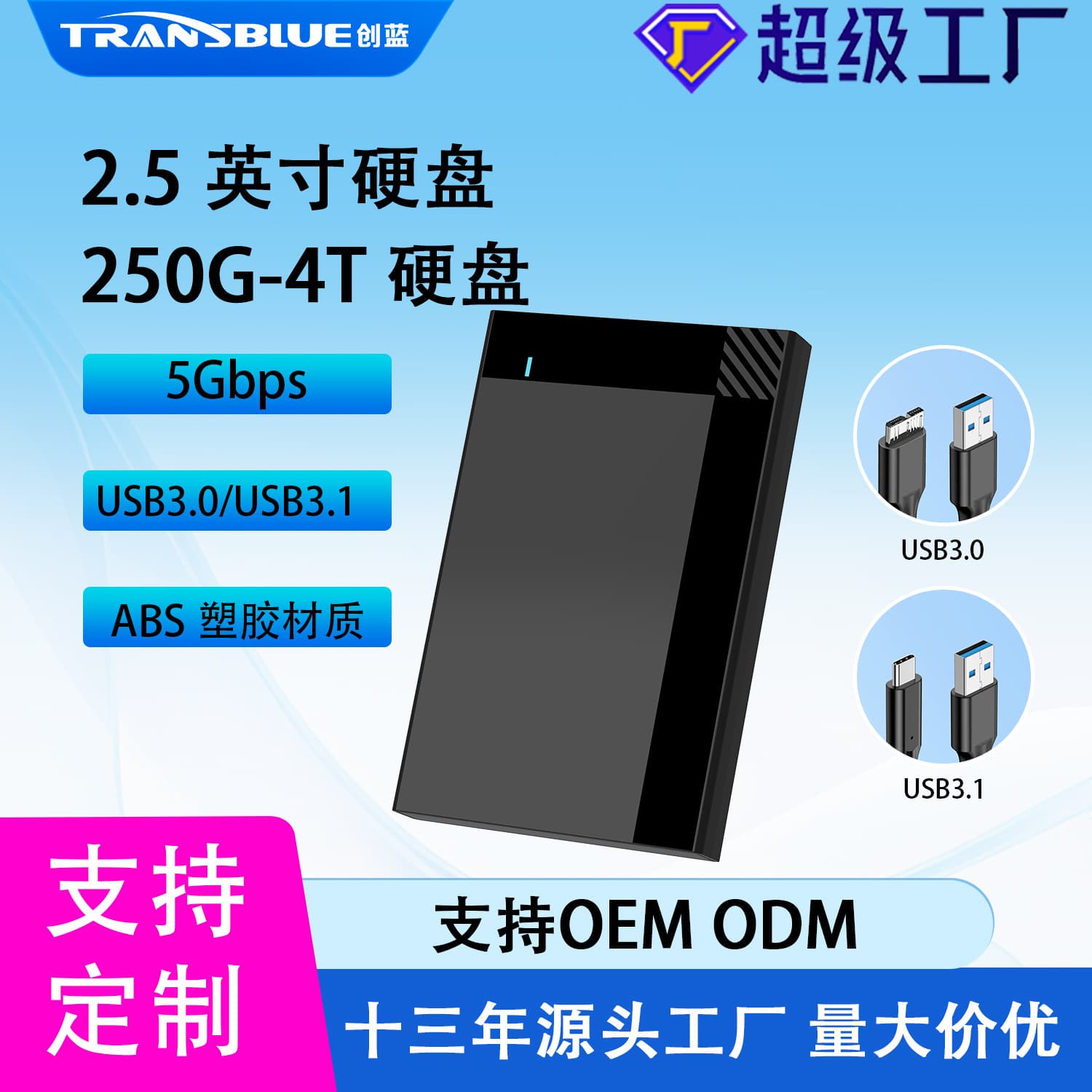 2.5-inch external laptop SSD enclosure with USB 3.0, no installation required, source factory.