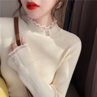 Half-Turtleneck Base Shirt for Women, Autumn and Winter 2026 New Slim-Fit Knit Top with Lace Trim, Versatile Popular Sweater
