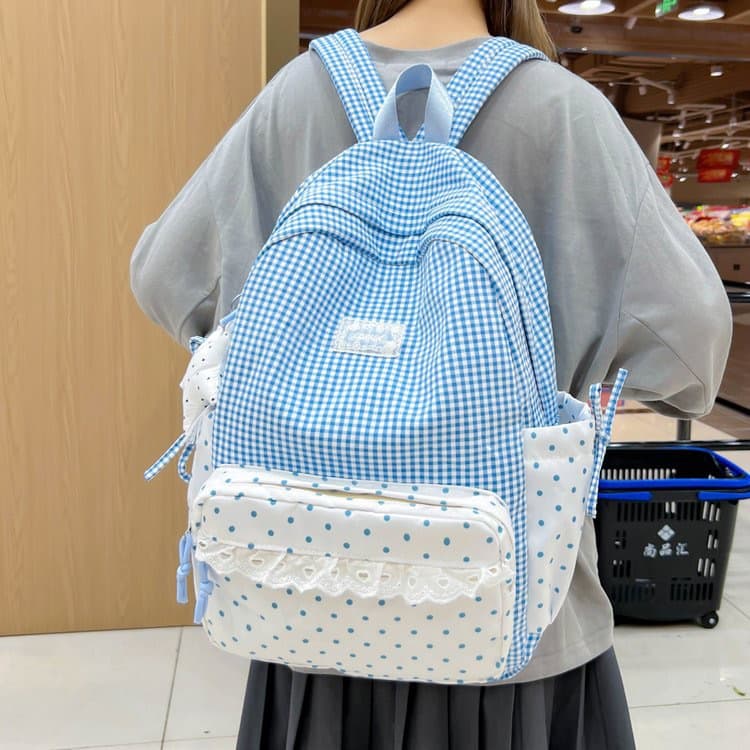 Korean-style ins fashion plaid polka dot backpack for women, large capacity college-style student schoolbag, cute and versatile