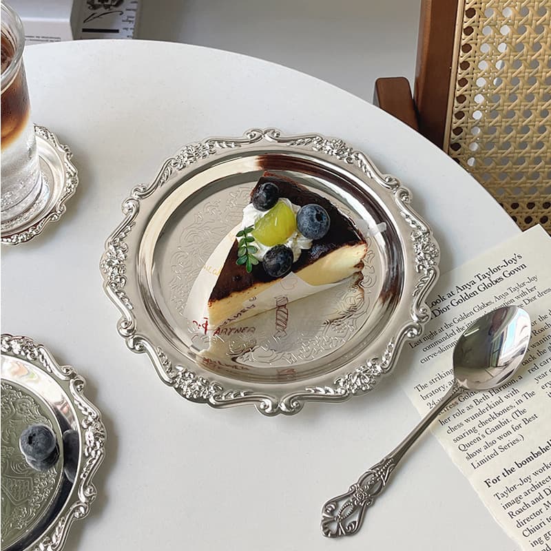 European Vintage Palace Style Coaster, Floating Metal Coaster, Cake Plate, Mirror Tray for Photography