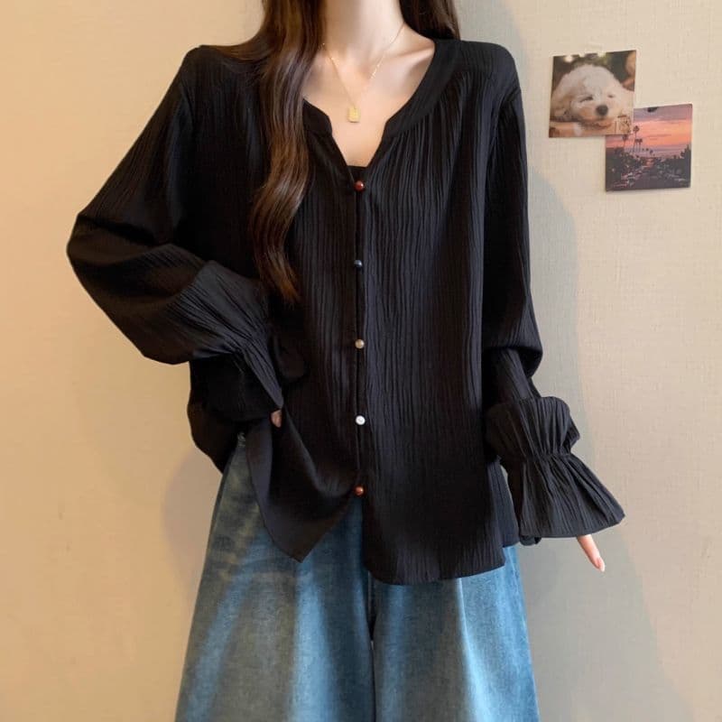 French V-Neck Long-Sleeve Shirt for Women, 2025 Spring/Autumn New Plus Size Loose Fit Belly-Hiding Slimming Top for Curvy MM