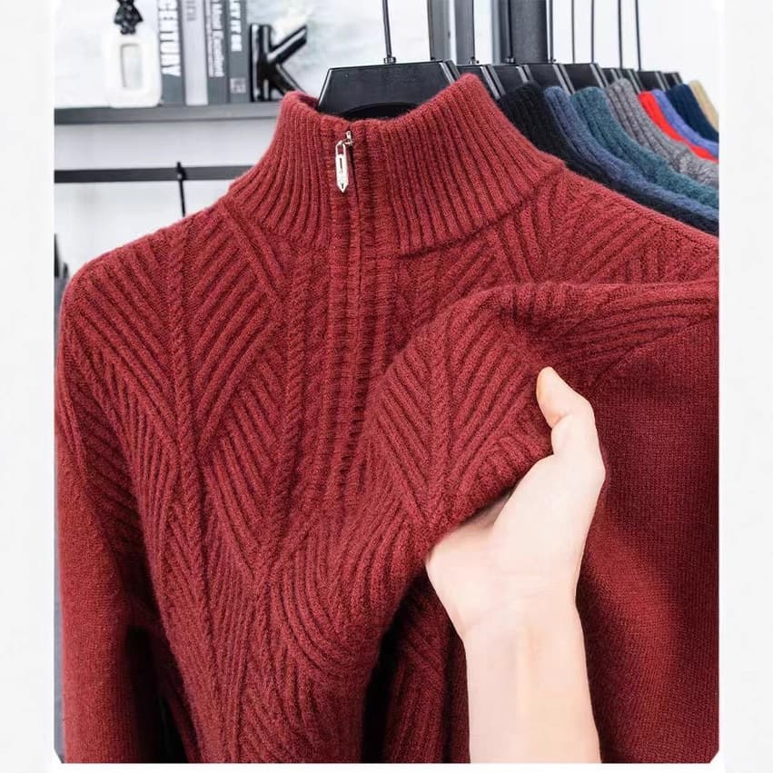 Men's Knit Sweater Autumn Winter Half-Zip Mock Neck Thick Warm Casual Fashion Top Korean Style