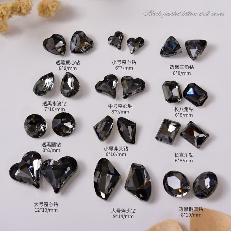 Nail Art Transparent Black Crystal Irregular Diamond Point Bottom Stacked Diamond Large Crooked Heart Axe Heart Nail Diamond Accessories Trending Diamond