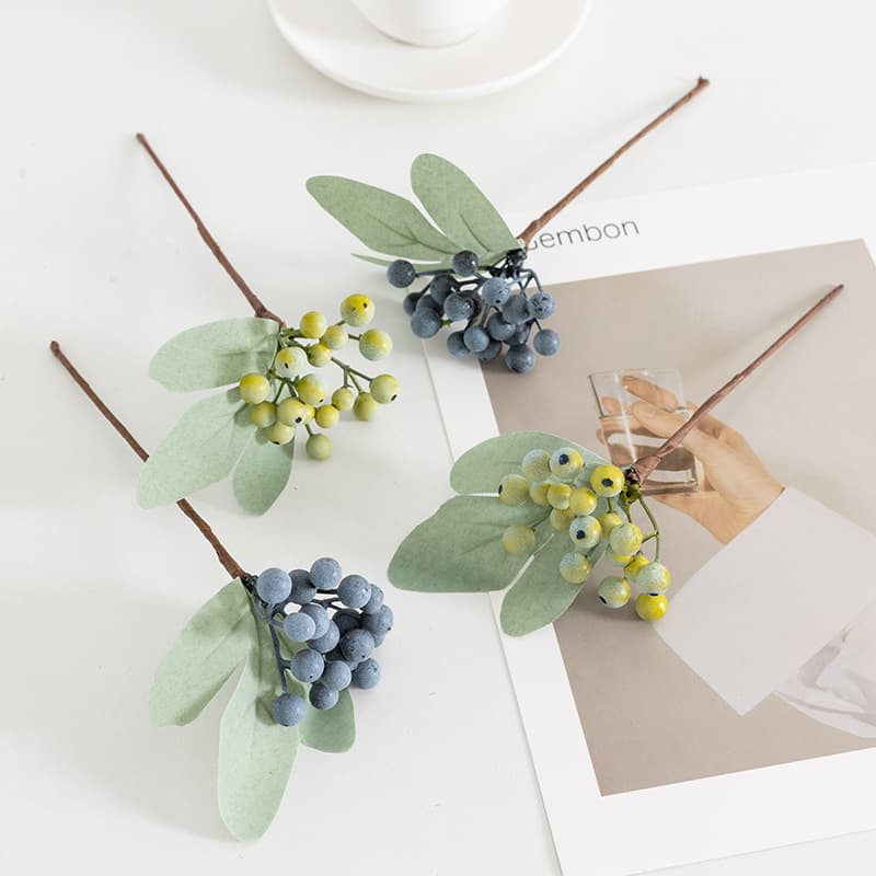 Artificial Blueberry Fruit Branch Two-Fork Berry Small Fruit Branch Flower Arrangement Accessories Single Lovesick Bean Photography Props Fake Flower